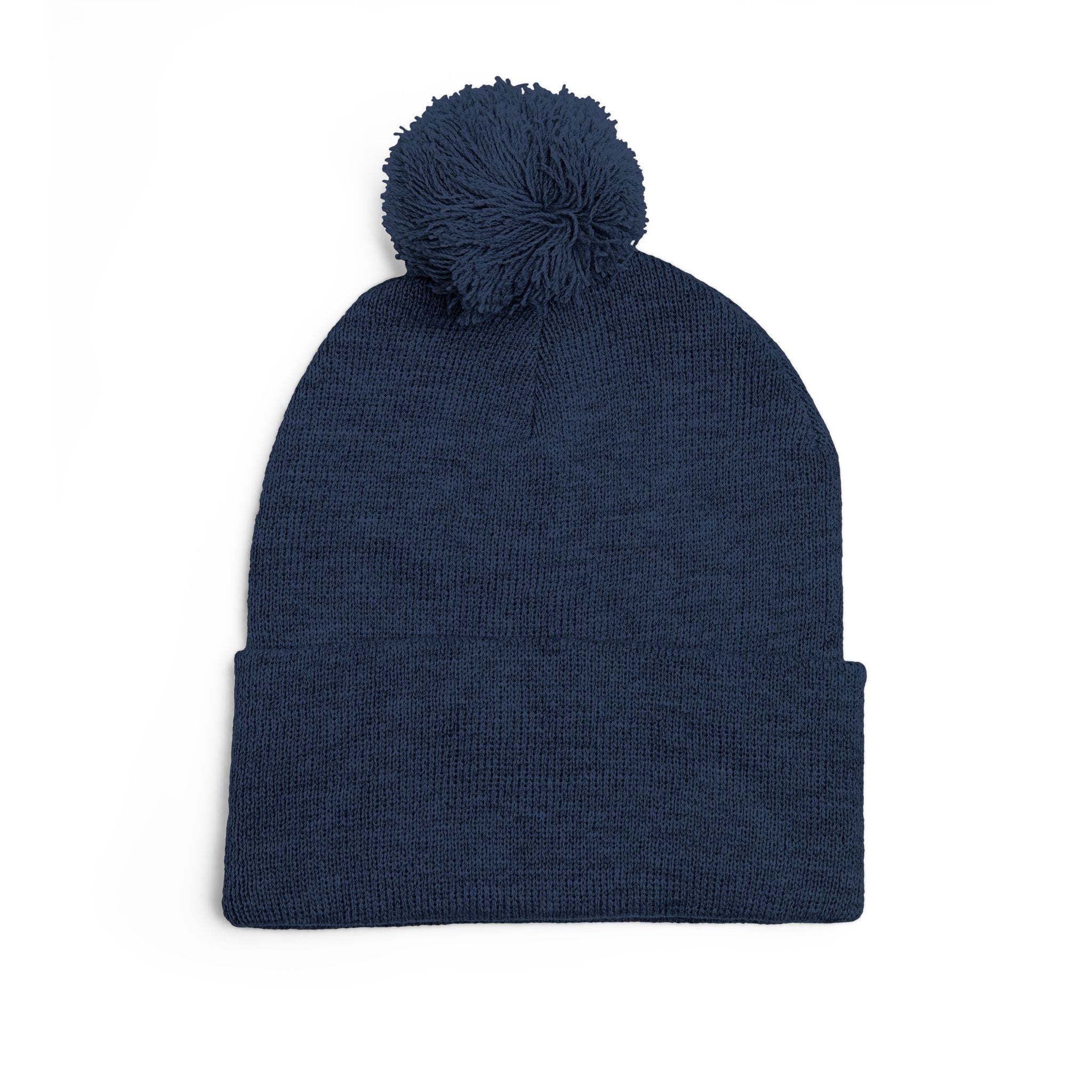 Embroidered Pom-Pom Beanie — Navy Knit Cap with Gold 'P' Logo
