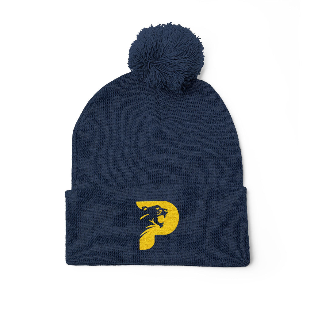 Embroidered Pom-Pom Beanie — Navy Knit Cap with Gold 'P' Logo